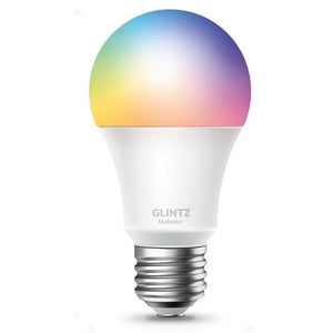 Ampoule LED connectée E27 multicolore et dimmable, sur fond blanc