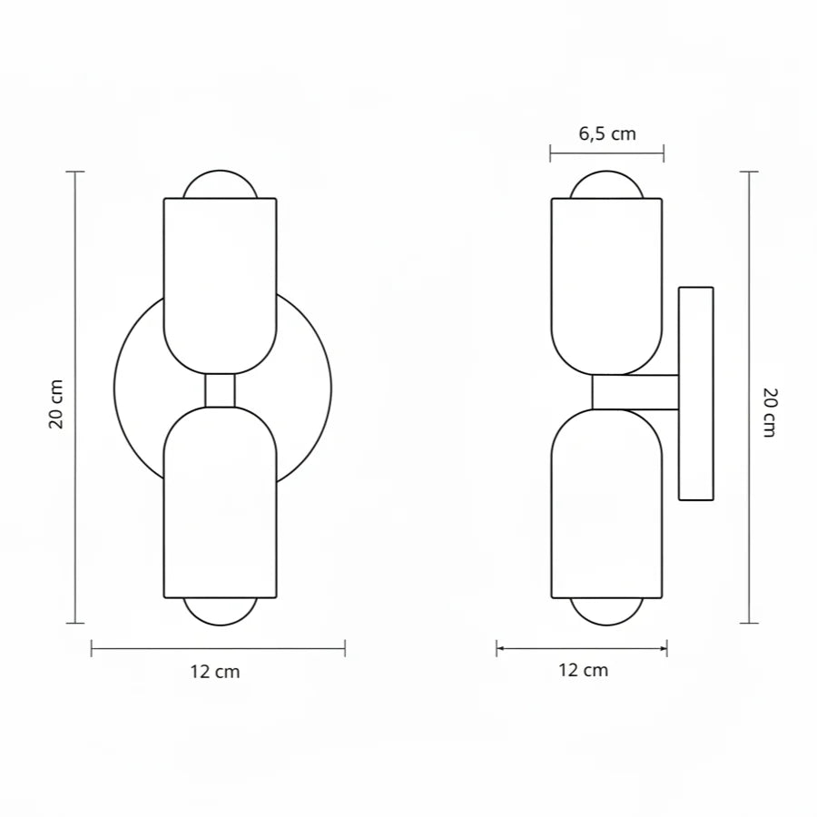 Schéma de dés avec les mesures à plat de l'applique murale